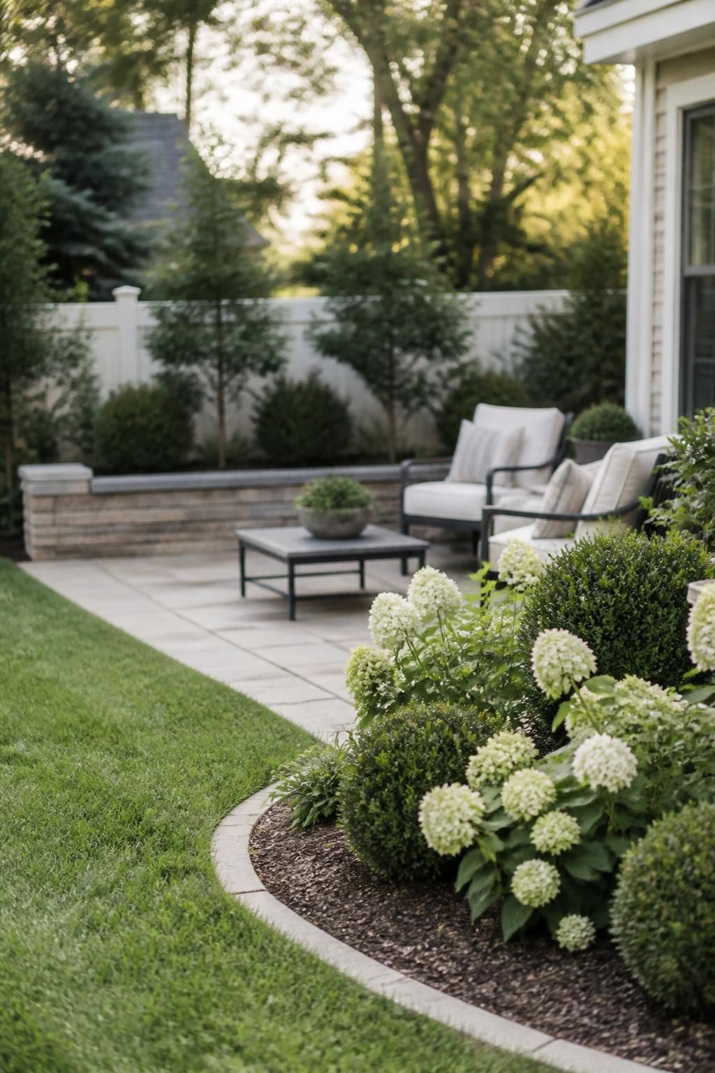 Landscaped backyard with clean edging and healthy shrubs