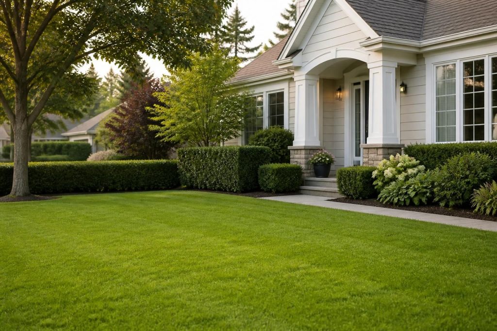 Freshly maintained front yard with neat lawn and hedges
