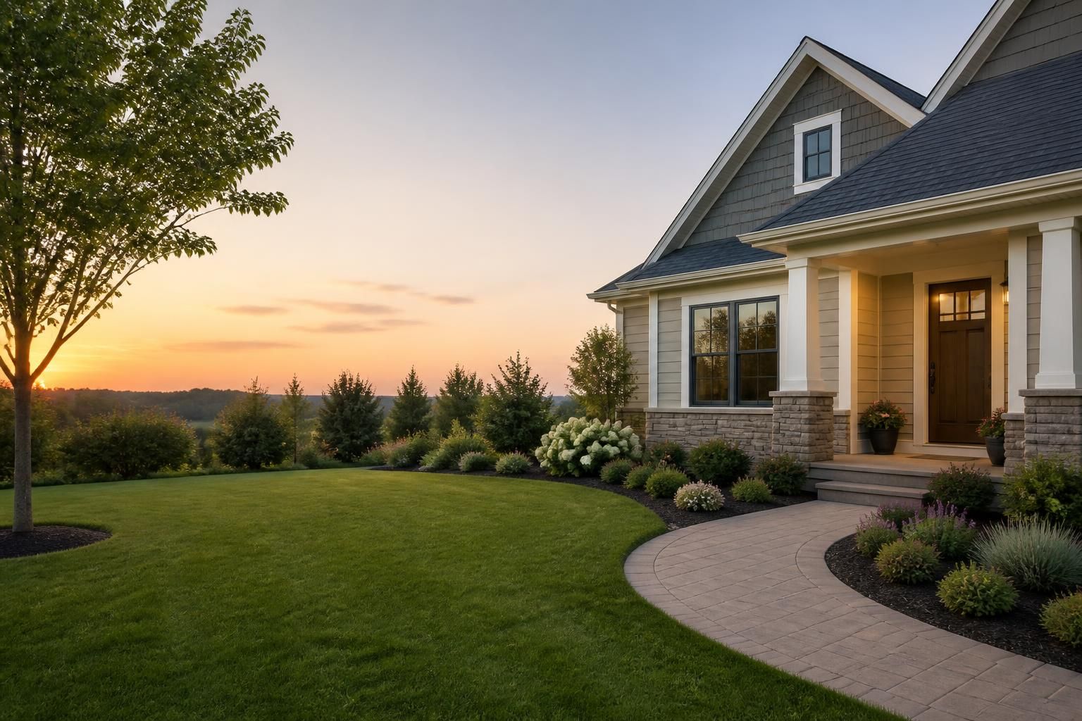 Welcoming front yard with manicured lawn and open space